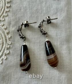 Solid silver carved agate, creator of antique earrings