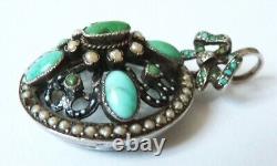 Solid silver pendant + turquoise beads antique jewelry pearl photo holder silver