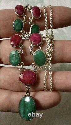 Splendid Ancient Ruby Necklace, Genuine Emerald, Solid Silver