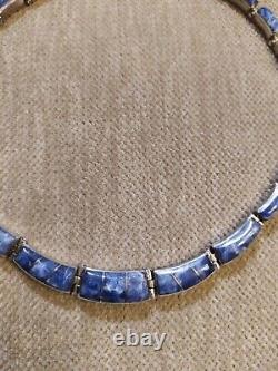 Stunning Articulated Necklace in Solid Silver and Lapis Lazuli, Art Deco, Antique