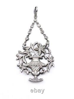 Stunning Old Pendant In Solid Silver Email And Marcassites 19th Century Flower Vase