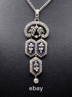 Stunning Old Pendant In Solid Silver Rhinestones And Blue Stones 19th