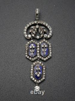 Stunning Old Pendant In Solid Silver Rhinestones And Blue Stones 19th