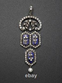 Stunning Old Pendant In Solid Silver Rhinestones And Blue Stones 19th