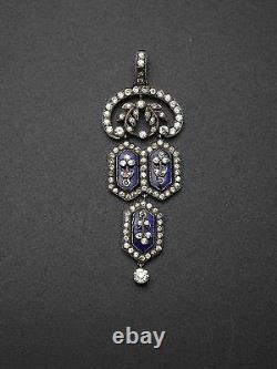 Stunning Old Pendant In Solid Silver Rhinestones And Blue Stones 19th