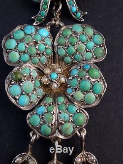 Stunning Old Sterling Silver Pendant And Turquoise Cabochons Flower Thought