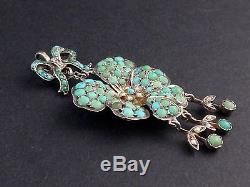 Stunning Old Sterling Silver Pendant And Turquoise Cabochons Flower Thought