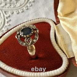 Sublime Ancient Ring In Massive Silver, Natural Sapphire, Ruby And Acute- Marines