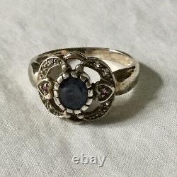 Sublime Ancient Ring In Massive Silver, Natural Sapphire, Ruby And Acute- Marines