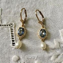 Sublime Old Earrings Blue Topaze Pearl Vermeil Silver