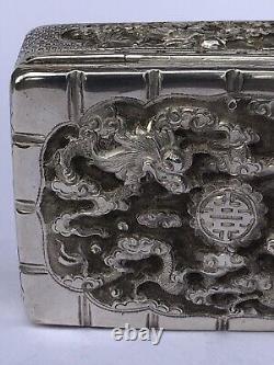 Sublime antique 19th century SILVER or METAL BOX CHINA VIETNAM INDOCHINA Dragons