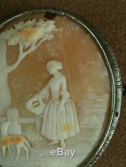 Super Pin Cameo Shell Old Woman & Dog Mount Sterling Silver Nineteenth