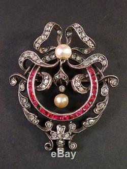 Superb Brooch Pendant Antique Solid Silver 18k Gold Diamonds, Rubies And Pearls