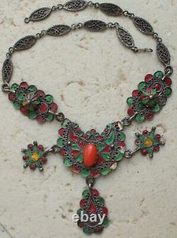 Superb Ethnic Necklace Ancient Silver Massive And Coral A Pampillas 70.2 Gr