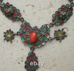 Superb Ethnic Necklace Ancient Silver Massive And Coral A Pampillas 70.2 Gr