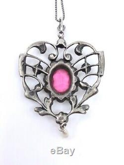 Superb Old Pendant In Sterling Silver And Rhinestone Heart XIX