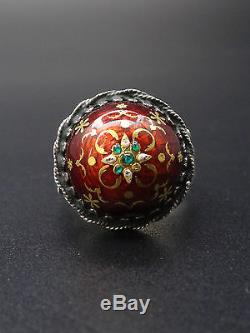 Superb Old Solid Silver Dome Ring And Enamels Bressans Xixth T57