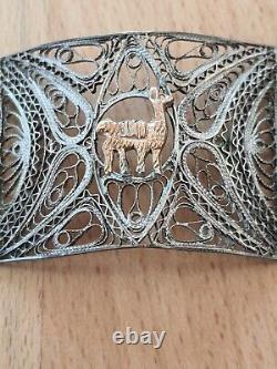 Superb antique wide articulated bracelet in solid silver filigree and 18K gold, 24.4 g