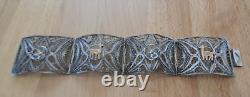 Superb antique wide articulated bracelet in solid silver filigree and 18K gold, 24.4 g