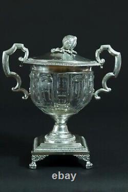 Translate this title in English: Antique solid silver & crystal sugar bowl jam pot 19th century Massat Frères.