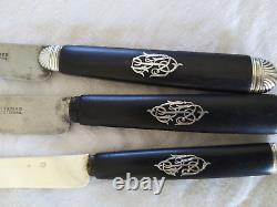Translation: 'ANTIQUE 19th CENTURY SOLID SILVER EBONY EMPIRE KNIVES SET OF 3 X 18 KNIVES BY Paul Canaux'
