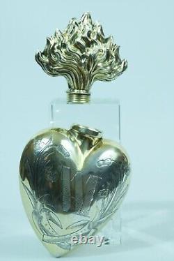 Translation: Ancient large heart of Mary bottle 19th century solid silver vermeil rare.