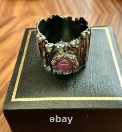 True Creator Ruby, Emerald, Silver, Modernist Large Antique Ring