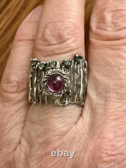 True Creator Ruby, Emerald, Silver, Modernist Large Antique Ring