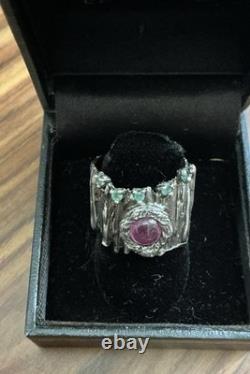 True Creator Ruby, Emerald, Silver, Modernist Large Antique Ring