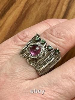 True Creator Ruby, Emerald, Silver, Modernist Large Antique Ring