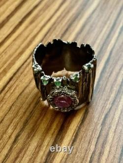 True Creator Ruby, Emerald, Silver, Modernist Large Antique Ring