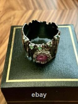 True Creator Ruby, Emerald, Silver, Modernist Large Antique Ring