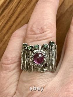 True Creator Ruby, Emerald, Silver, Modernist Large Antique Ring
