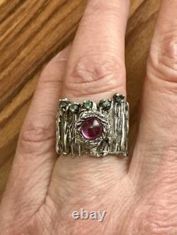 True Creator Ruby, Emerald, Silver, Modernist Large Antique Ring