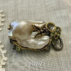 Unique Baroque Pearl, Silver, Gold, Rare Antique One-of-a-Kind Designer Brooch