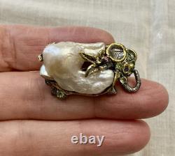 Unique Baroque Pearl, Silver, Gold, Rare Antique One-of-a-Kind Designer Brooch