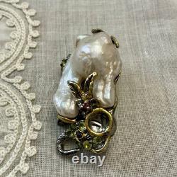 Unique Baroque Pearl, Silver, Gold, Rare Antique One-of-a-Kind Designer Brooch