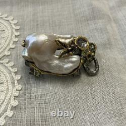 Unique Baroque Pearl, Silver, Gold, Rare Antique One-of-a-Kind Designer Brooch