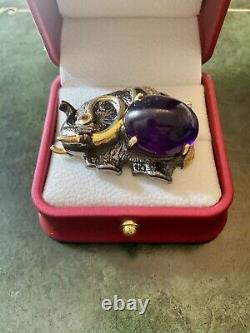 Unique Elephant Brooch Antique in Gold, Silver, Large Amethyst, Citrine