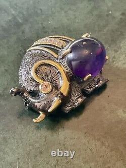 Unique Elephant Brooch Antique in Gold, Silver, Large Amethyst, Citrine