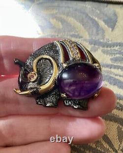 Unique Elephant Brooch Antique in Gold, Silver, Large Amethyst, Citrine