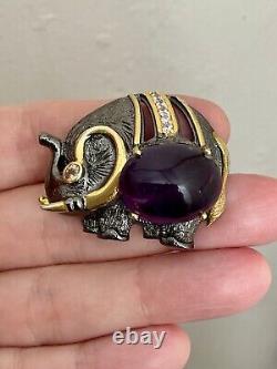 Unique Elephant Brooch Antique in Gold, Silver, Large Amethyst, Citrine