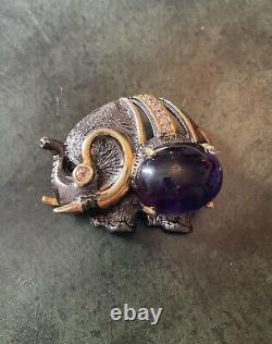 Unique Elephant Brooch Antique in Gold, Silver, Large Amethyst, Citrine