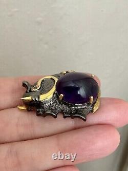 Unique Elephant Brooch Antique in Gold, Silver, Large Amethyst, Citrine