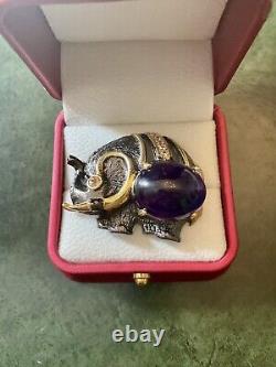 Unique Elephant Brooch Antique in Gold, Silver, Large Amethyst, Citrine