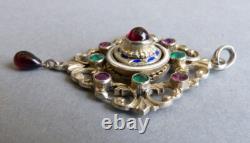 Vermeil pendant in solid silver + enamel + stones, antique silver jewelry with ET hallmark