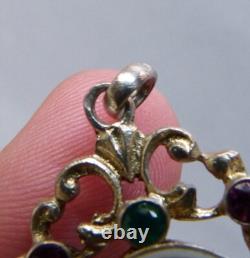 Vermeil pendant in solid silver + enamel + stones, antique silver jewelry with ET hallmark