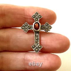 Very Beautiful Antique Silver Brooch with Garnet and Marcasites, Signed Danecraft