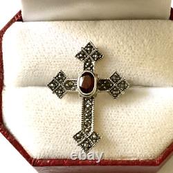 Very Beautiful Antique Silver Brooch with Garnet and Marcasites, Signed Danecraft
