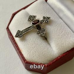 Very Beautiful Antique Silver Brooch with Garnet and Marcasites, Signed Danecraft